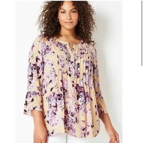 J. Jill Tops - J. Jill Womens Pintucked Bell Sleeve FloralPurple Peach 3/4 Sleeve Top Size MP